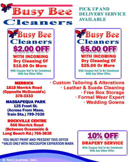 Busy Bee Cleaners, Merrick, Rockville Centre & Massapequa, NY Specials