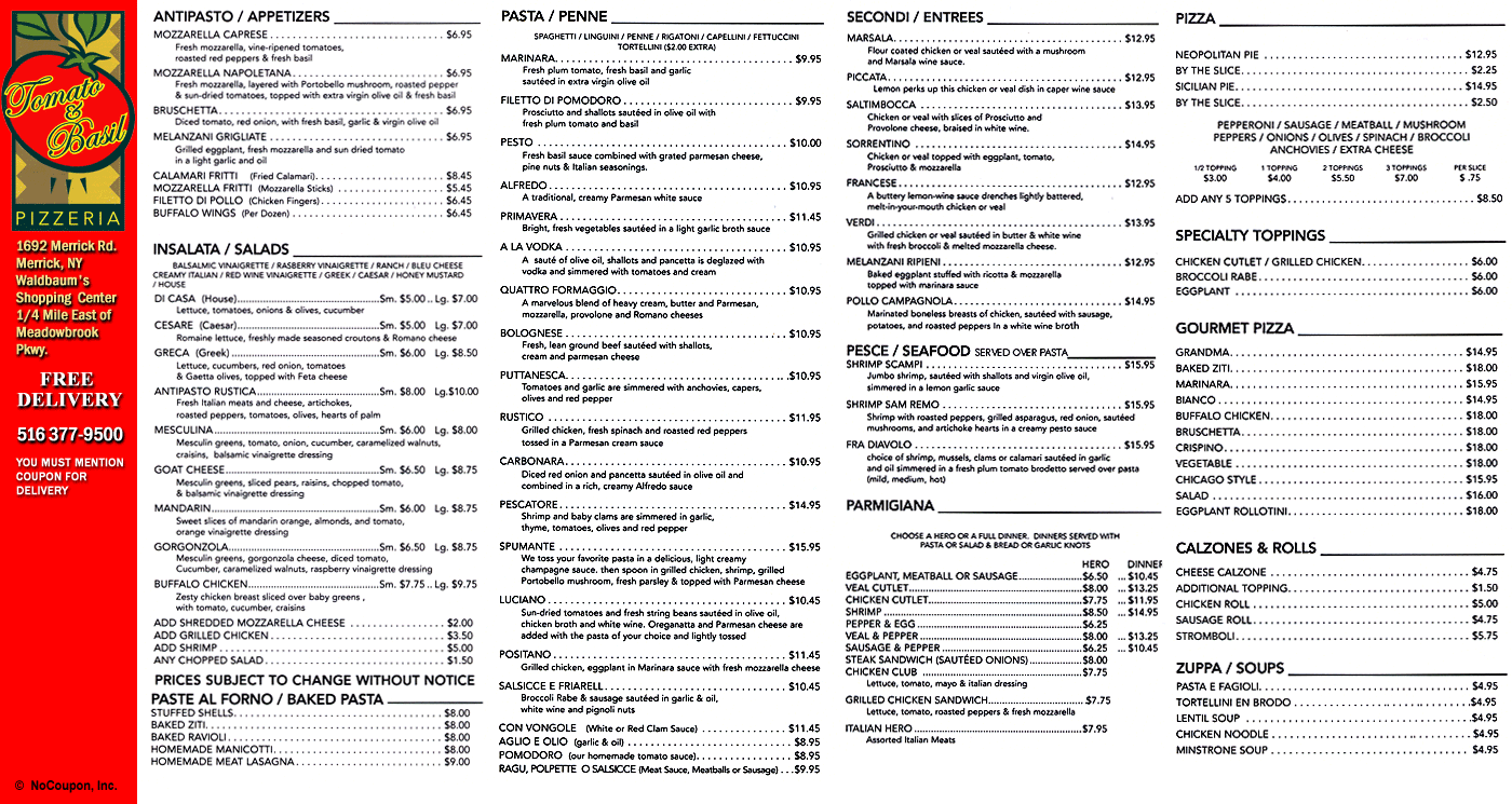 Tomato & Basil Pizzeria, Merrick, NY Specials