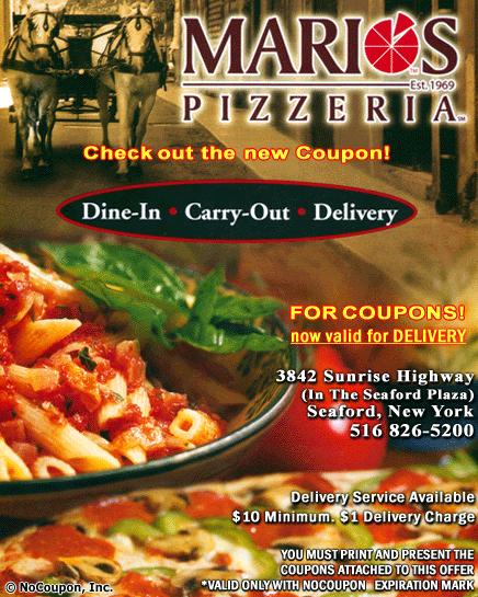 Mario's Pizzeria "Established in 1969" Seaford, NY Coupon